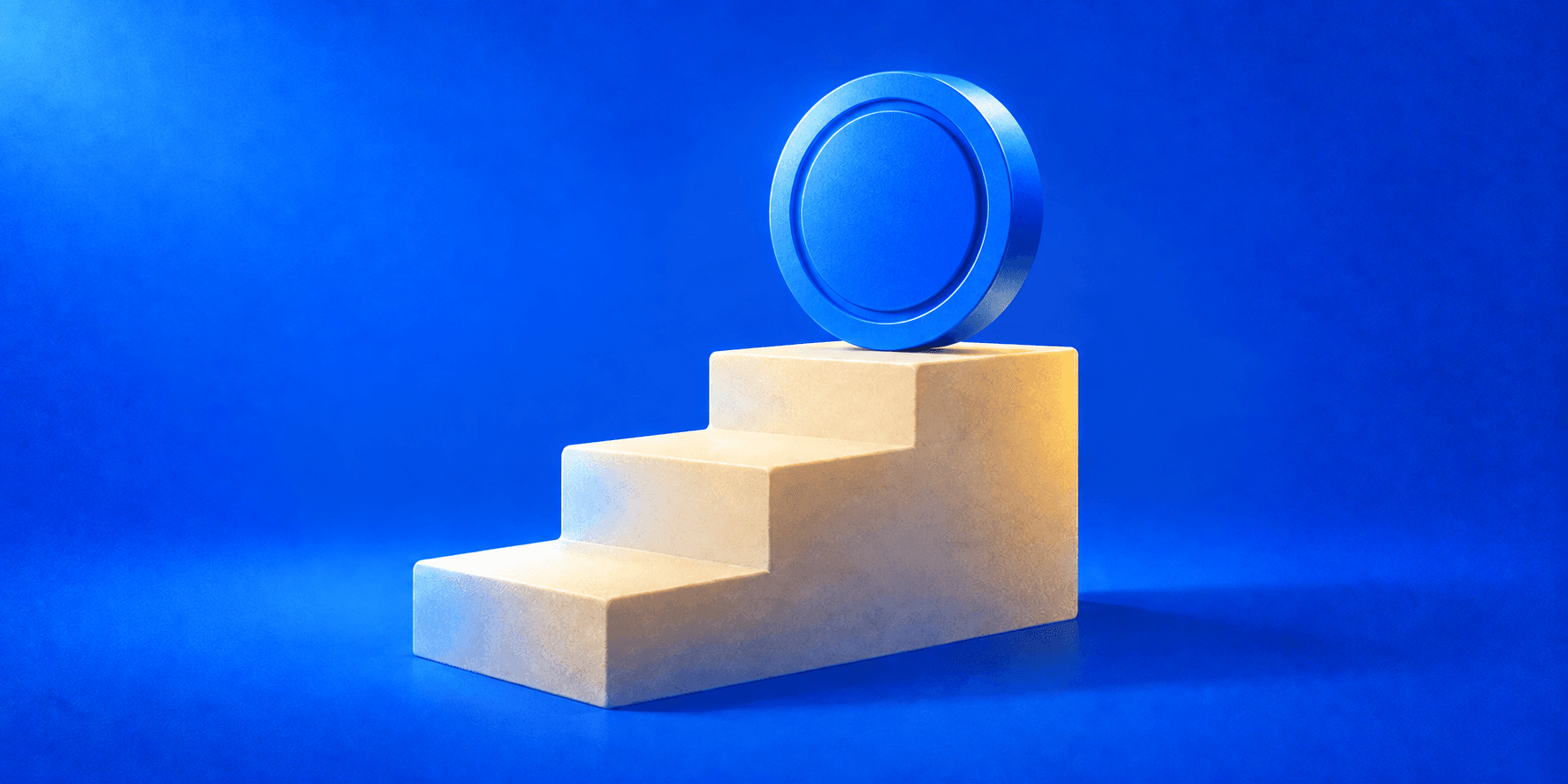 A blue grooved coin on a rising cream pedestal against a cobalt blue background